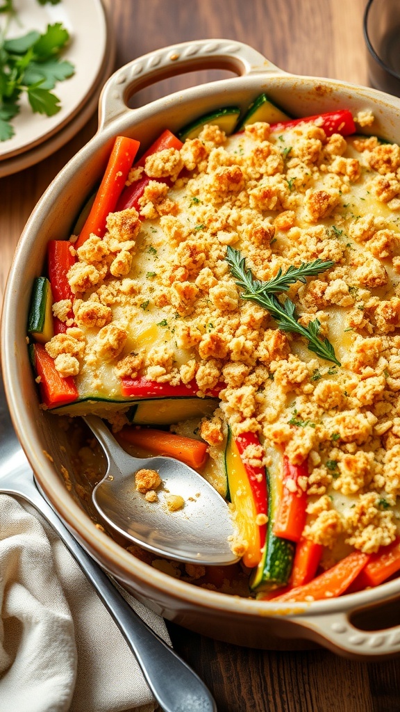 A baked vegetable casserole with layers of zucchini, bell peppers, and carrots, topped with cheese and breadcrumbs, served in a rustic dish.